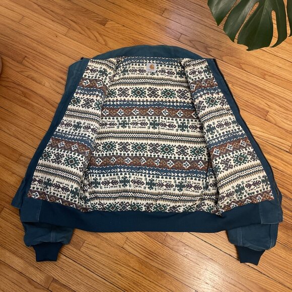Vintage Men’s Large Carhartt Santa Fe Western Aztec Lined Jacket USA Teal Blue - Picture 3 of 9